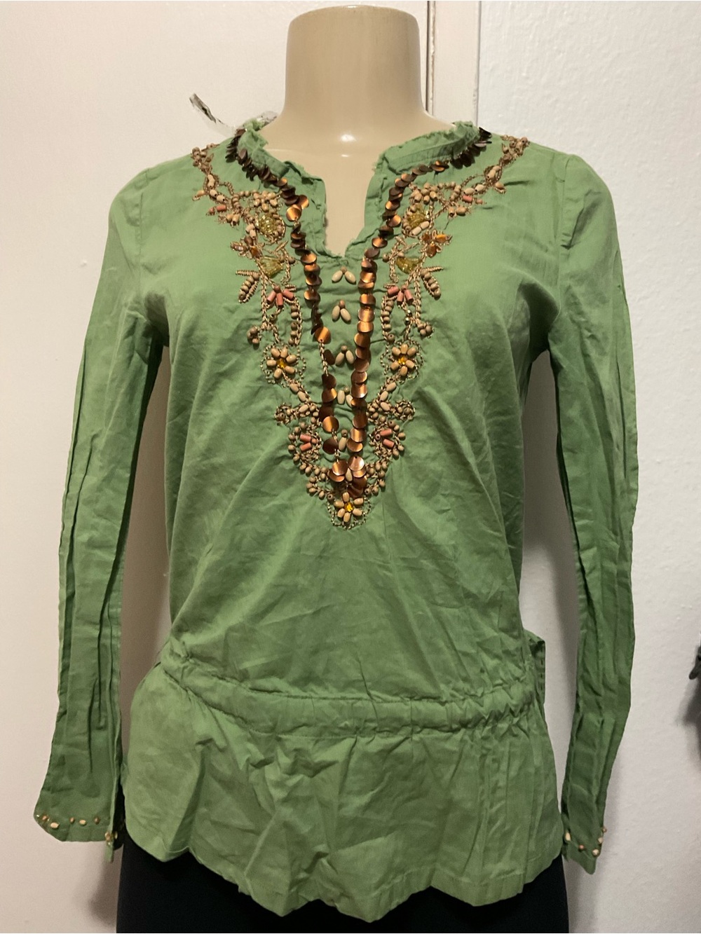 Orange USA women’s boho Y2K Green beaded V-Neck Long-Sleeve Top size S